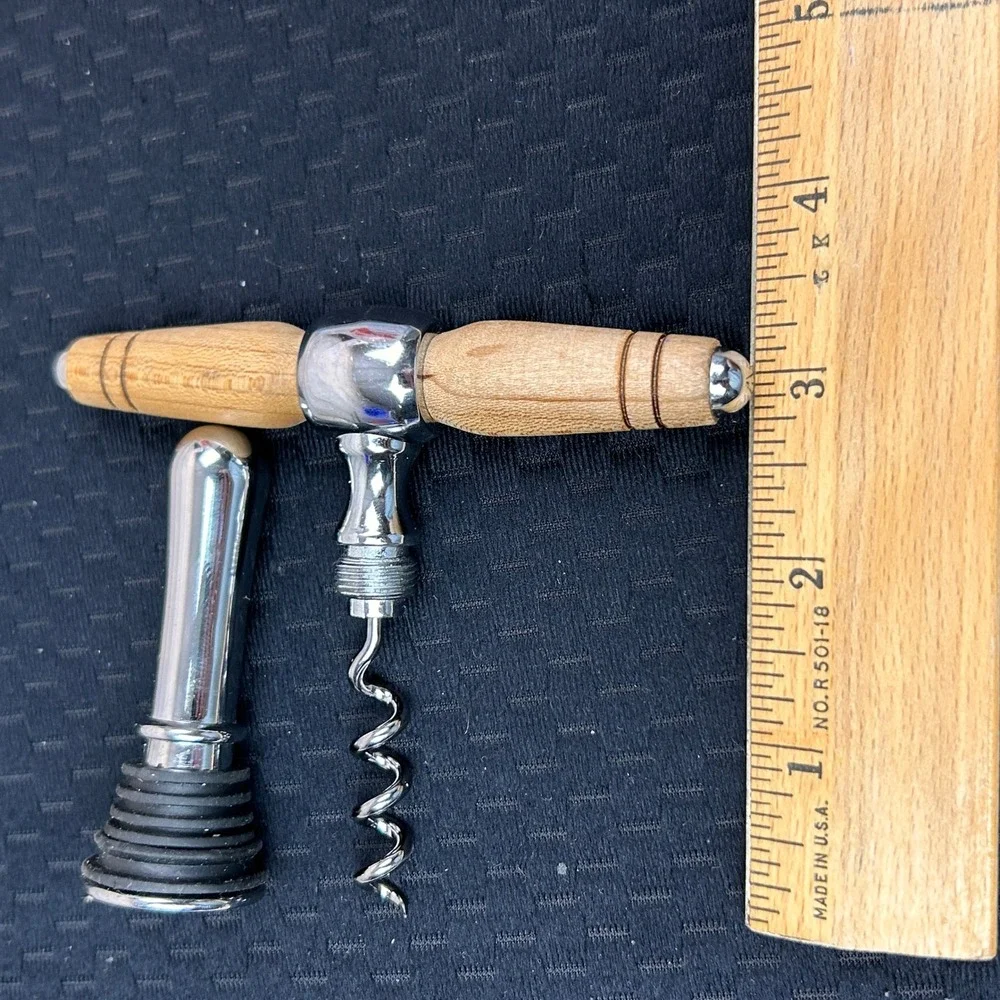 Wood T-Handle Corkscrew and Chrome‎ Bottle Stopper Wine Accessory Set